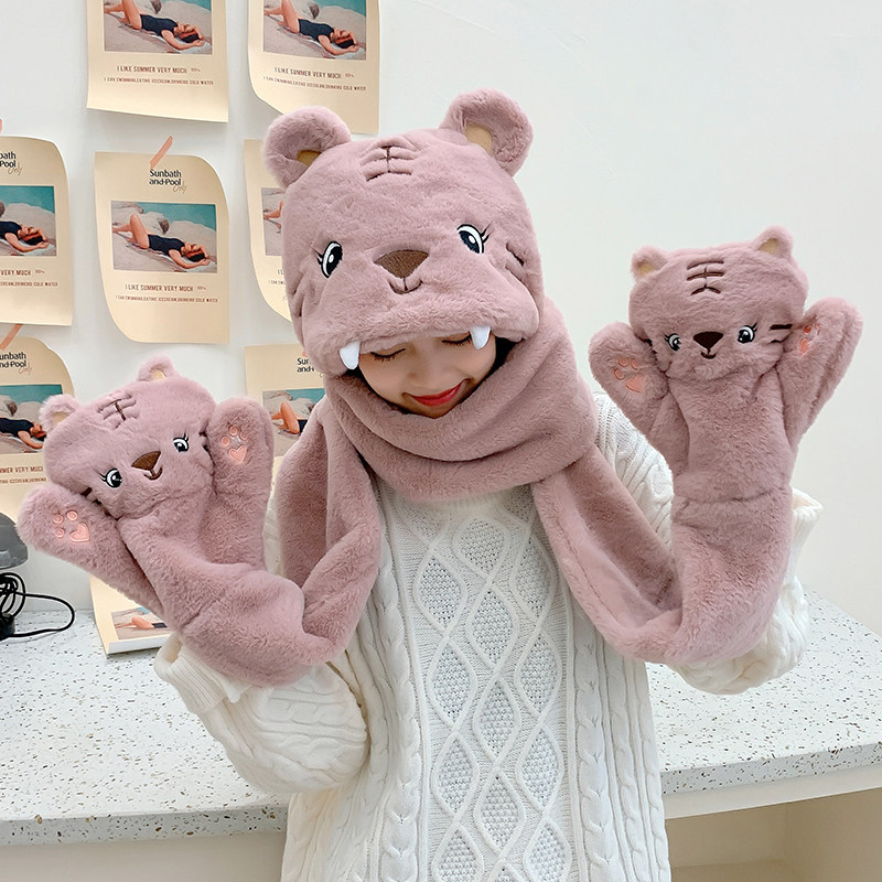 小老虎围巾帽子一体女冬天加厚韩版可爱百搭骑车保暖手套三件套潮