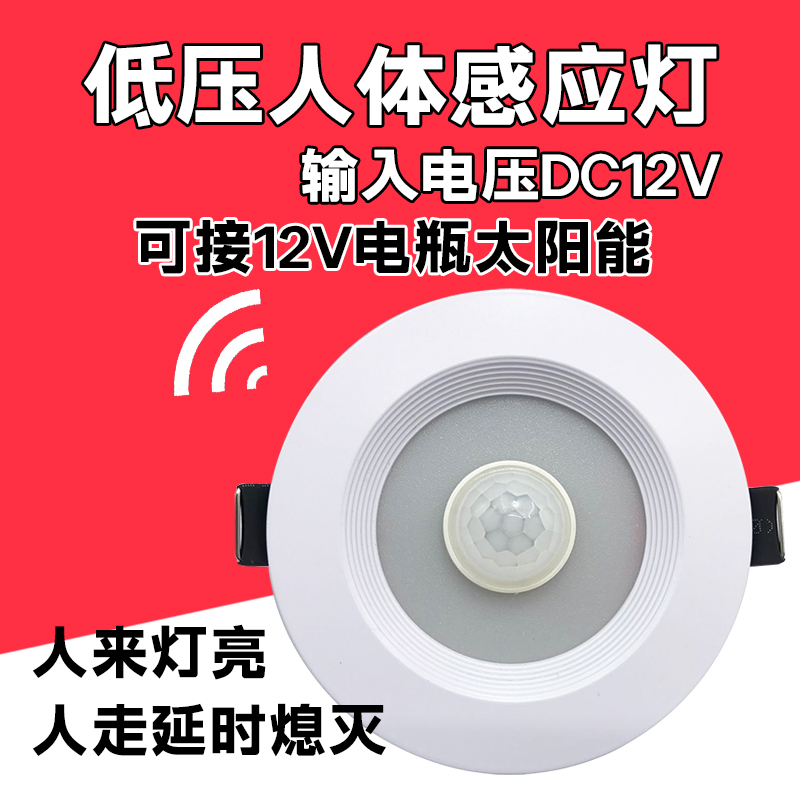 DC12V人体感应红外线筒灯LED低压直流12伏太阳能电瓶户外运动器材