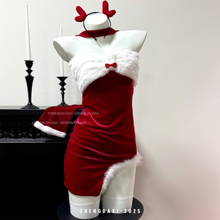 郑大嘻 显瘦cos制服 圣诞节性感抹胸挂脖连衣裙女红色毛绒边修身