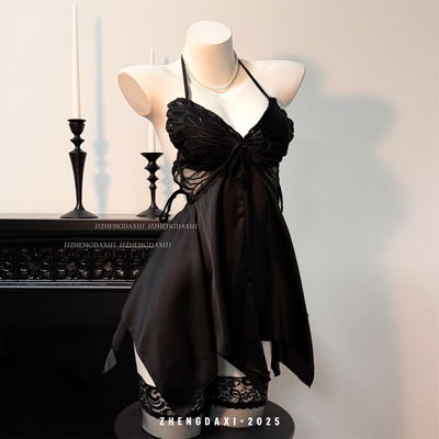 夏季蕾丝V领蝴蝶刺绣吊带睡裙