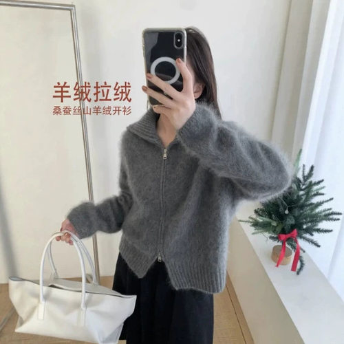 26秋冬上新 纯羊毛拉绒针织开衫双拉链拉毛羊毛衫厚款翻领外套