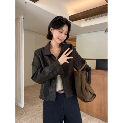 韩迅 率性短夹克 翻领直筒廓形复古仿皮外套女2026秋季新款27021