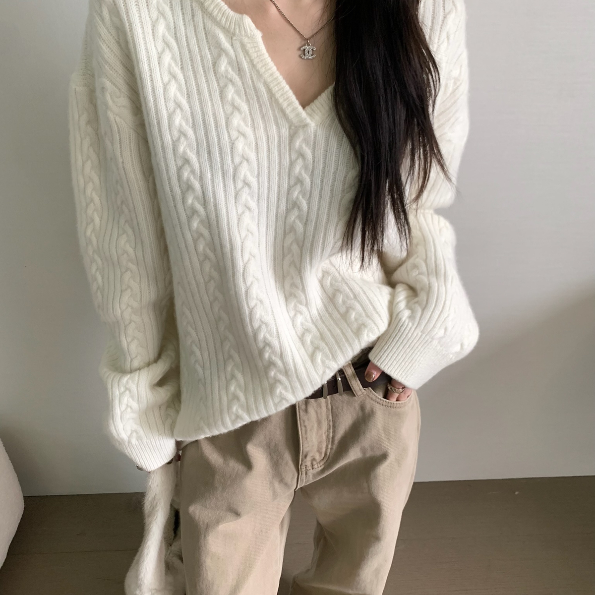 TABLE-韩系麻花纹宽松百搭V领暖糯针织衫保暖毛衣（含100羊毛）71