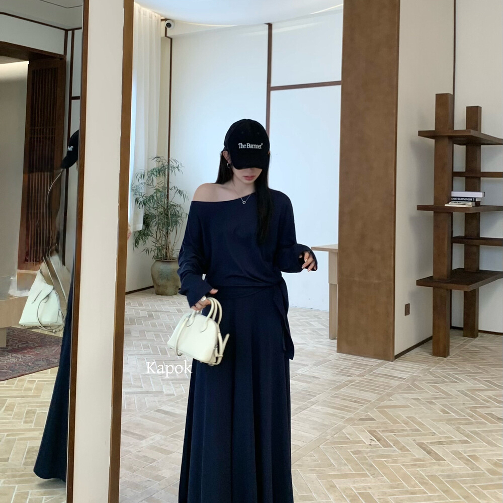 KAPOK-斜肩侧边绑带上衣+巨显瘦松紧腰半身裙套装ys1-25570