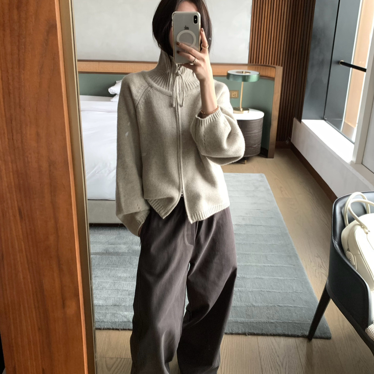 TABLE-拉链纯色针织毛衣开衫打底上衣针织开衫（含100羊毛）3856-