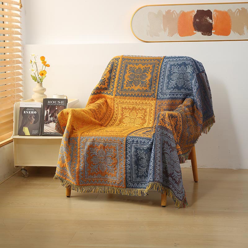 蓝黄涤棉简约现代休闲毯