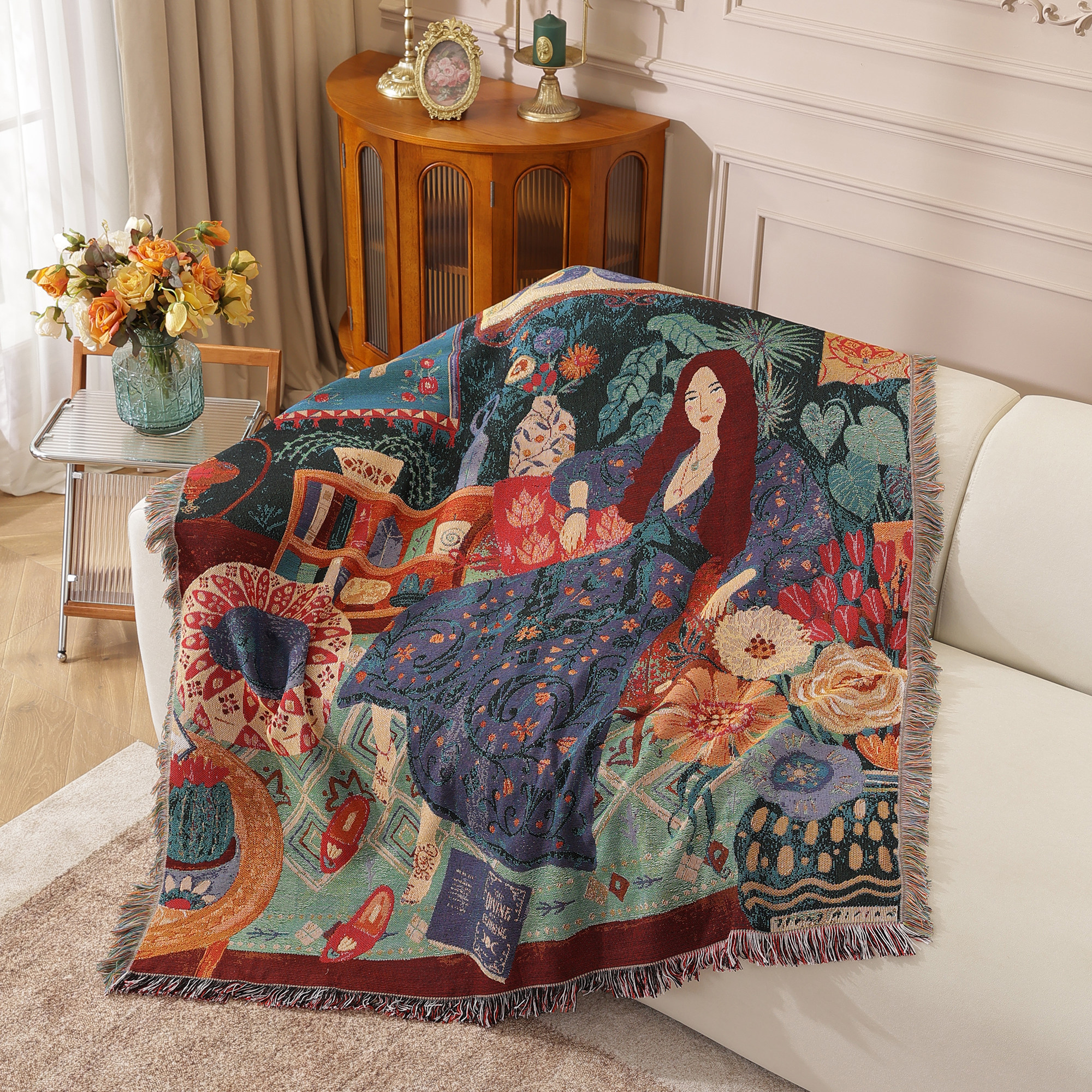 现代轻奢风紫衣女士沙发巾沙发毯背景墙装饰挂布露营垫空调盖毯