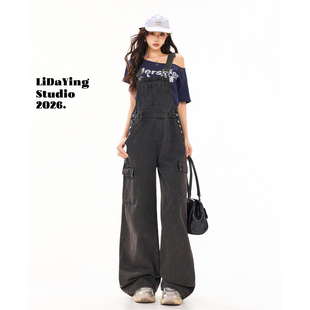 连体裤 复古宽松减龄阔腿显瘦工装 女美式 李大颖｜黑灰色背带牛仔裤