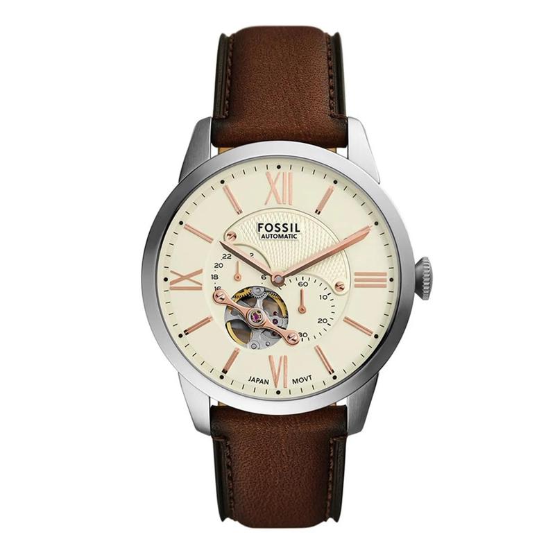 Fossil/化石男款银色表盘奶油色表带机械腕表