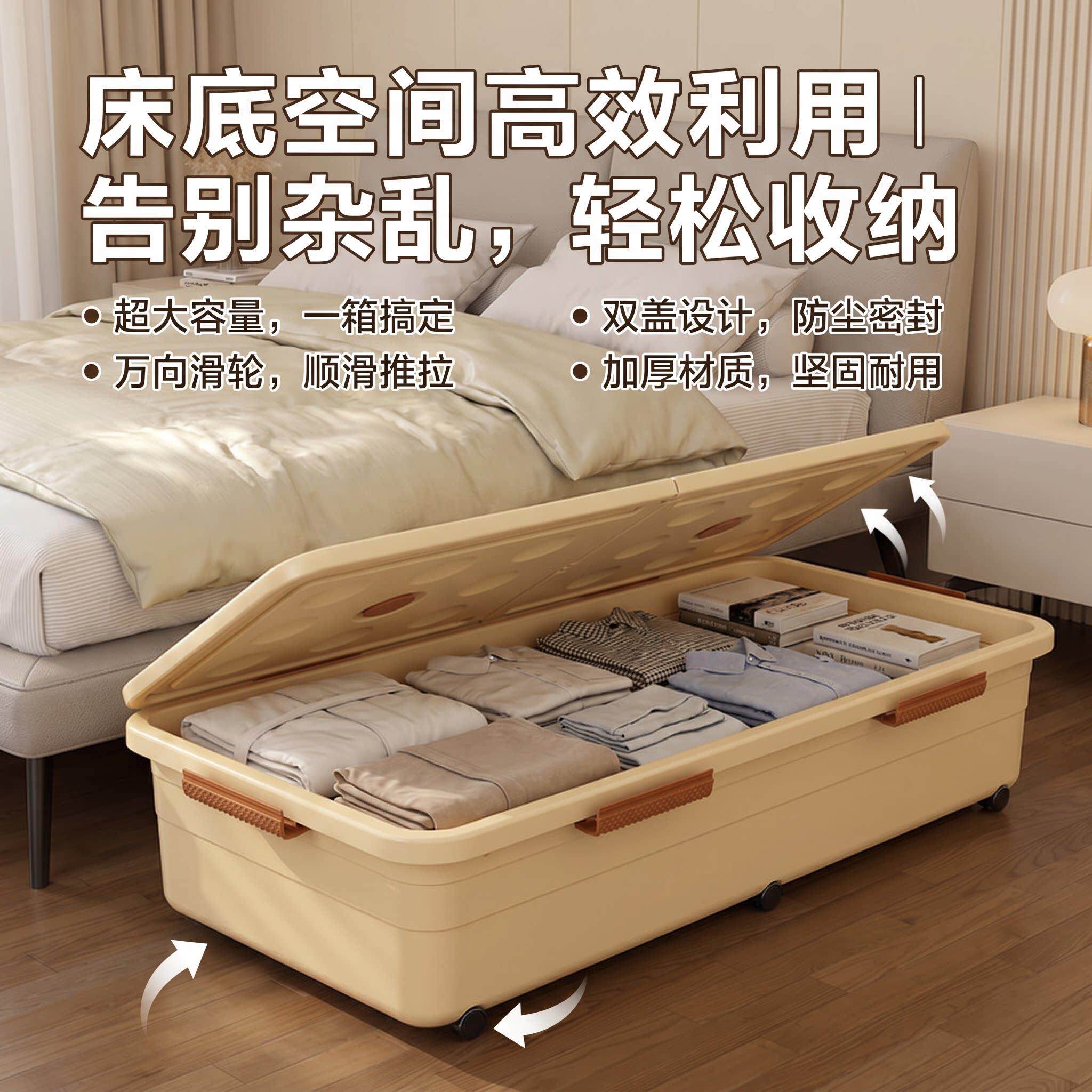 床底收纳箱带滑轮放床下家用整理盒大容量加厚加硬搬家打包整理箱