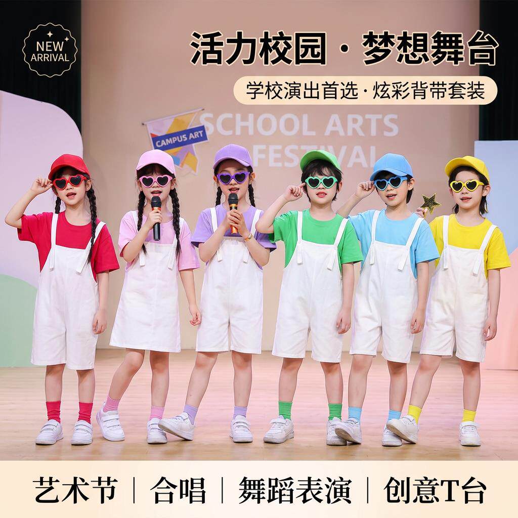 多巴胺儿童演出服小学生现代舞街舞表演服糖果风背带裤幼儿园班服