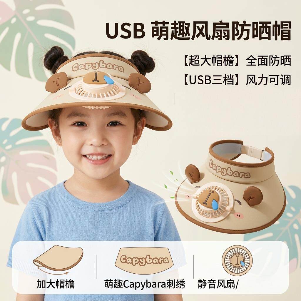 儿童风扇帽子男女童夏季防晒帽户外大帽檐遮阳空顶卡皮巴拉风扇帽