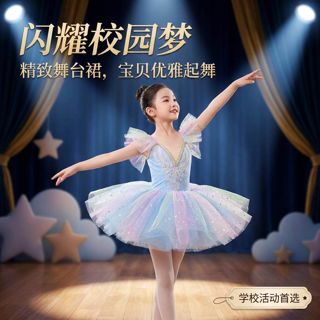 新款儿童演出服舞蹈蓬蓬裙女童软纱芭蕾公主裙六一小天鹅表演服装