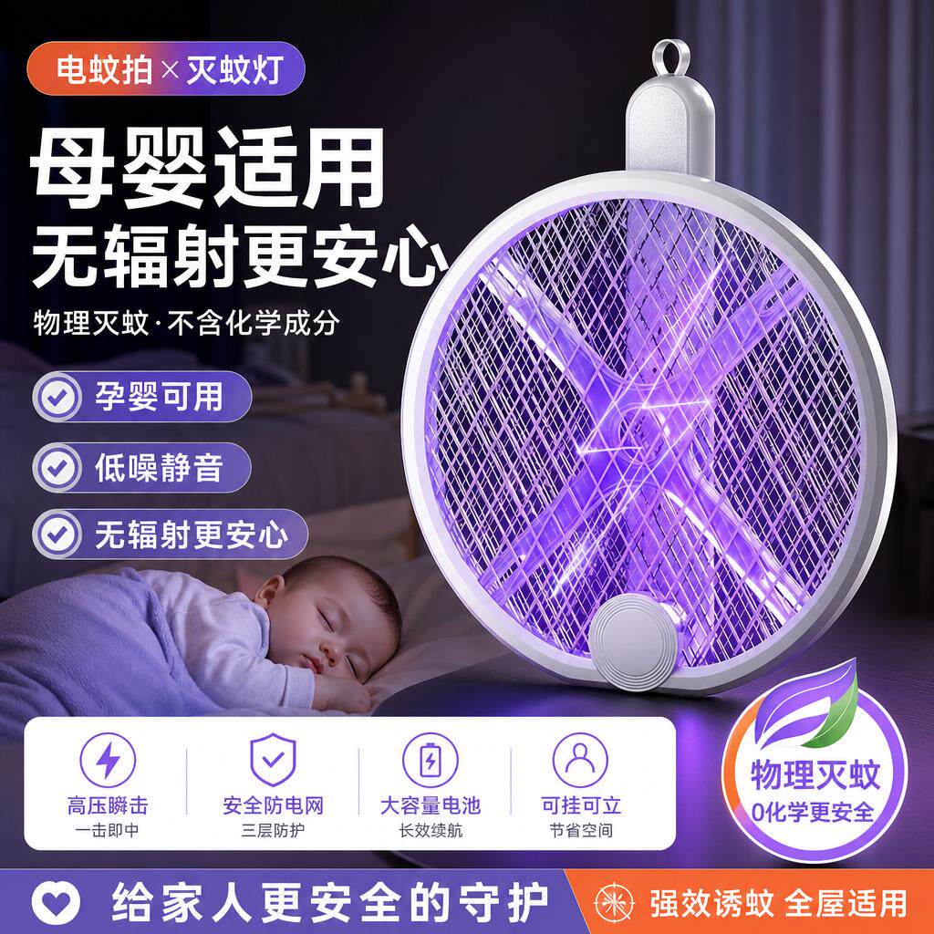 电蚊拍婴儿孕妇无辐射充电式家用灭蚊灯二合一全自动款强力蚊子拍