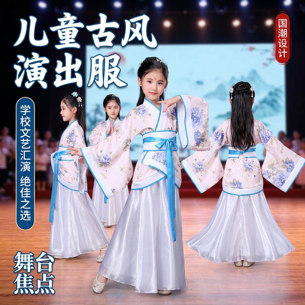 中国风儿童演出服唐装汉服六一古代公主古装表演服国学古典舞蹈服