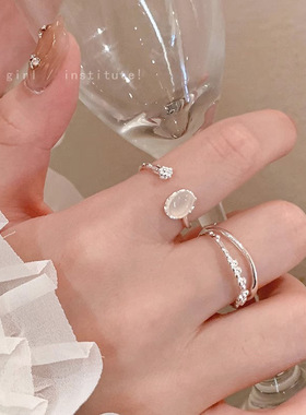 温柔风月光石开口戒指女小众设计可调节食指戒感时尚个性指环气质