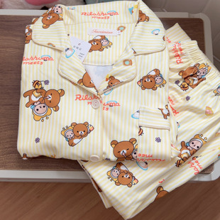 冬季新款卡通轻松熊德绒睡衣女长袖开衫方领冬天宅家保暖家居服