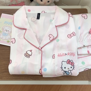 甜系Kitty夏季 冰丝睡衣女卡通可爱短袖 短裤 甜妹休闲家居服套装