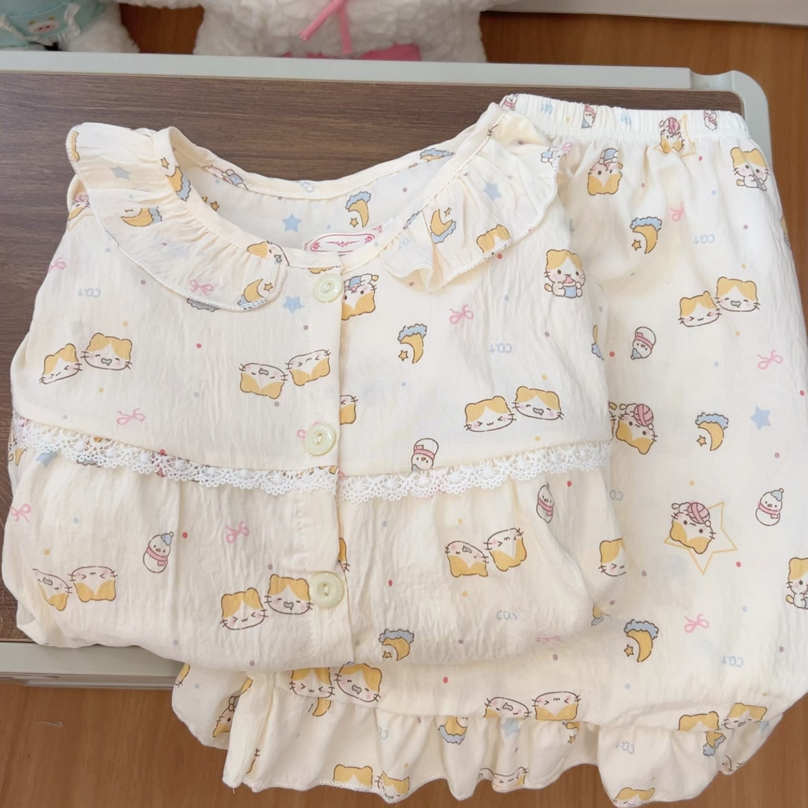 棉花糖猫夏季新款云朵棉睡衣带胸垫女可爱圆领夏天短袖休闲家居服