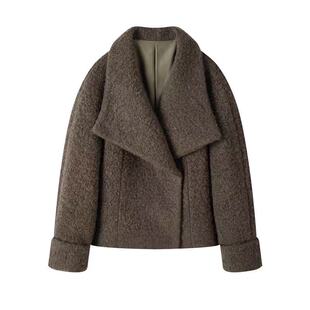 2025春秋新款韩版大翻领毛呢短外套女秋冬纯色厚实百搭小个子大衣