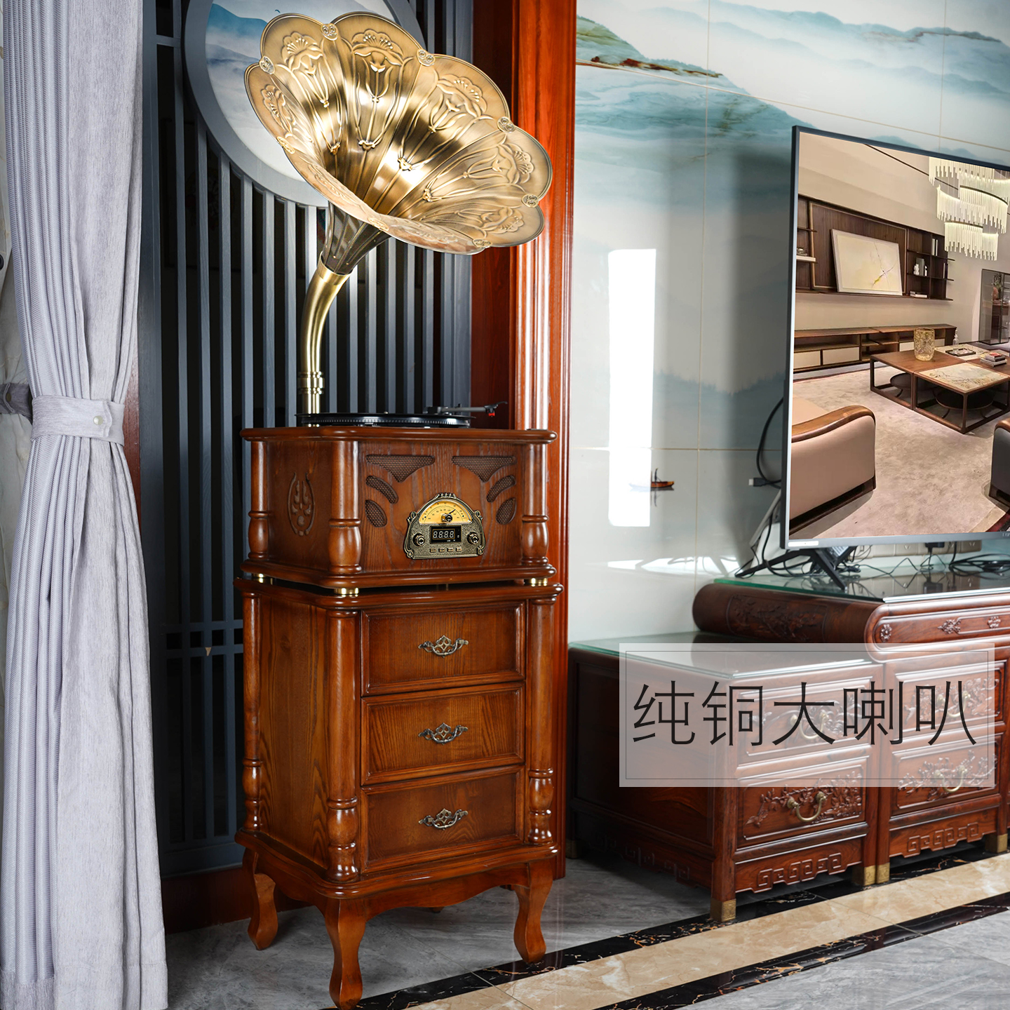 今墨留声机复古LP黑胶唱片机客厅欧式实木大喇叭音响碟片机电唱机