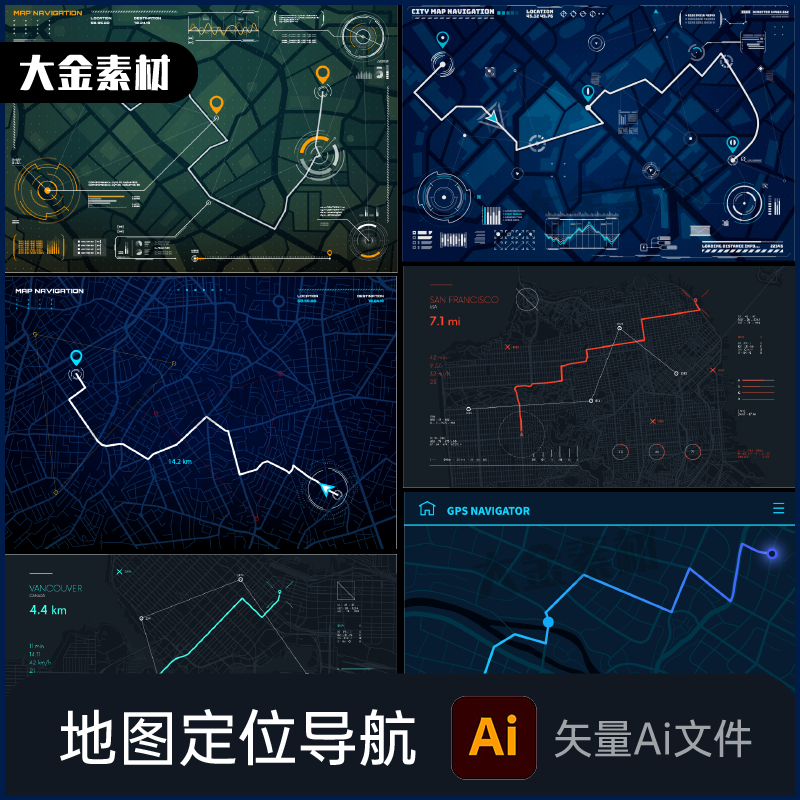 UI界面城市地图定位路线仪表界面hud导航运动轨迹矢量Ai源文件102