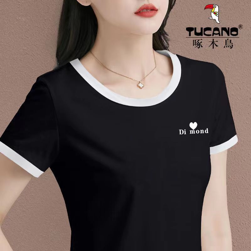 啄木鸟正品纯棉短袖t恤女装2024新款夏季修身圆领洋气拼接体恤衫