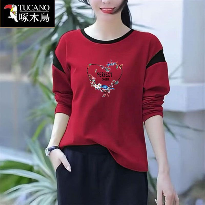 啄木鸟纯棉圆领印花长袖T恤女士2026年春季新款宽松显瘦休闲上衣
