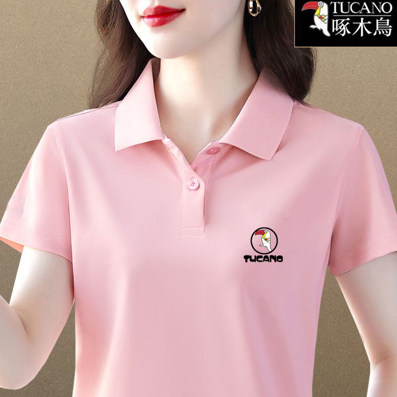 啄木鸟正品夏季短袖t恤中年女士减龄2025年新款气质翻领休闲上衣
