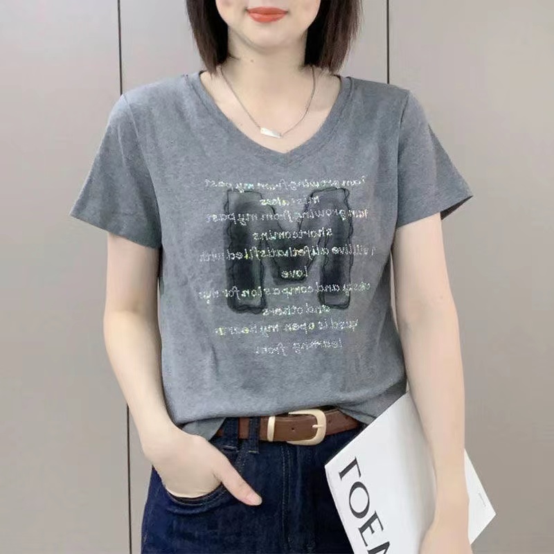 啄木鸟短袖t恤女2024新款夏季大码上衣宽松百搭V领纯棉打底衫