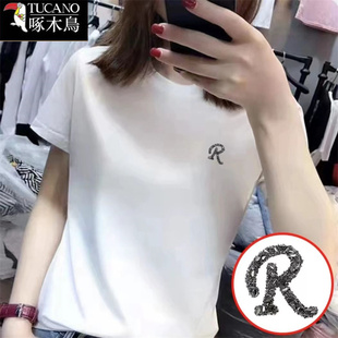 啄木鸟2025年新款短袖t恤简约通勤女装夏季中年减龄印花圆领上衣