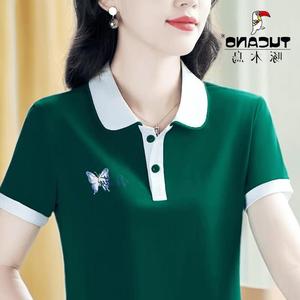 啄木鸟2024夏季潮流大码t恤中年女装翻领休闲上衣洋气polo衫体桖