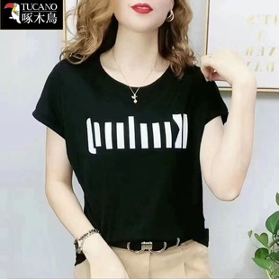 短袖 啄木鸟正品 薄款 印花上衣夏季 圆领设计小众通勤T恤女 休闲时尚