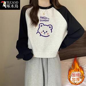 啄木鸟卫衣女秋冬2024新款爆款中年妈妈洋气加绒加厚撞色长袖上衣