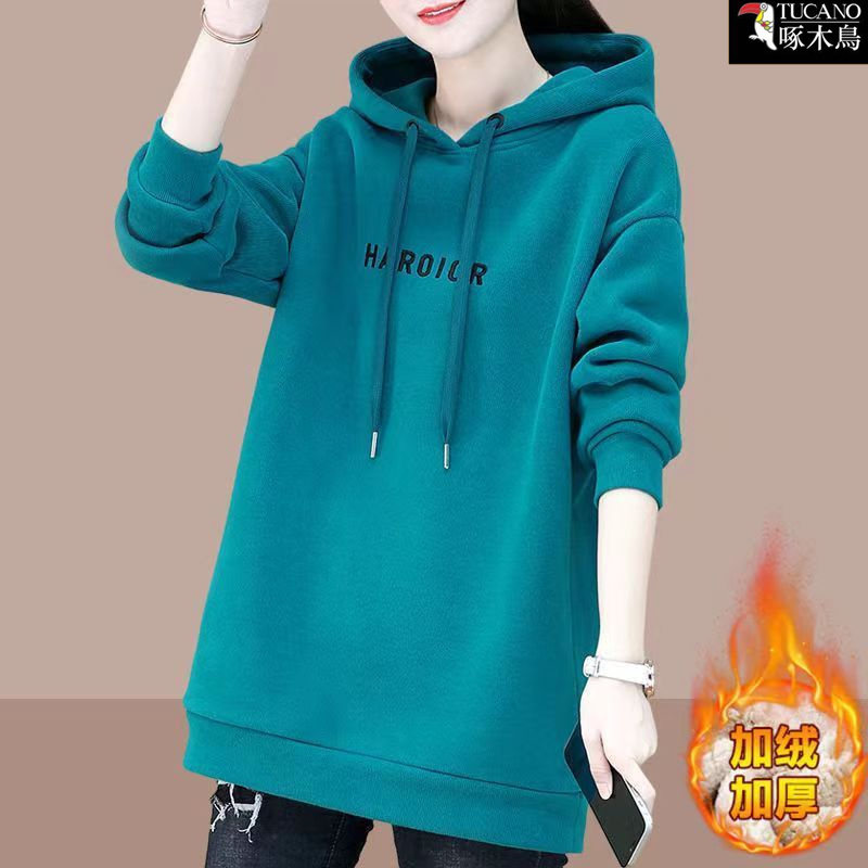 啄木鸟正品秋冬保暖长袖印花上衣女新款连帽套头加绒简约通勤卫衣