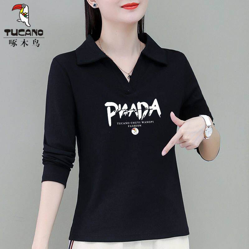 啄木鸟纯棉长袖女t恤春秋翻领百搭修身打底上衣polo衫秋衣外穿女