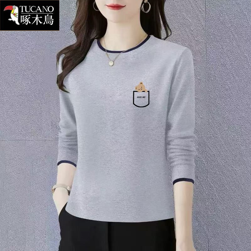 啄木鸟休闲风长袖T恤女春季新款宽松圆领印花上衣韩版时尚打底衫