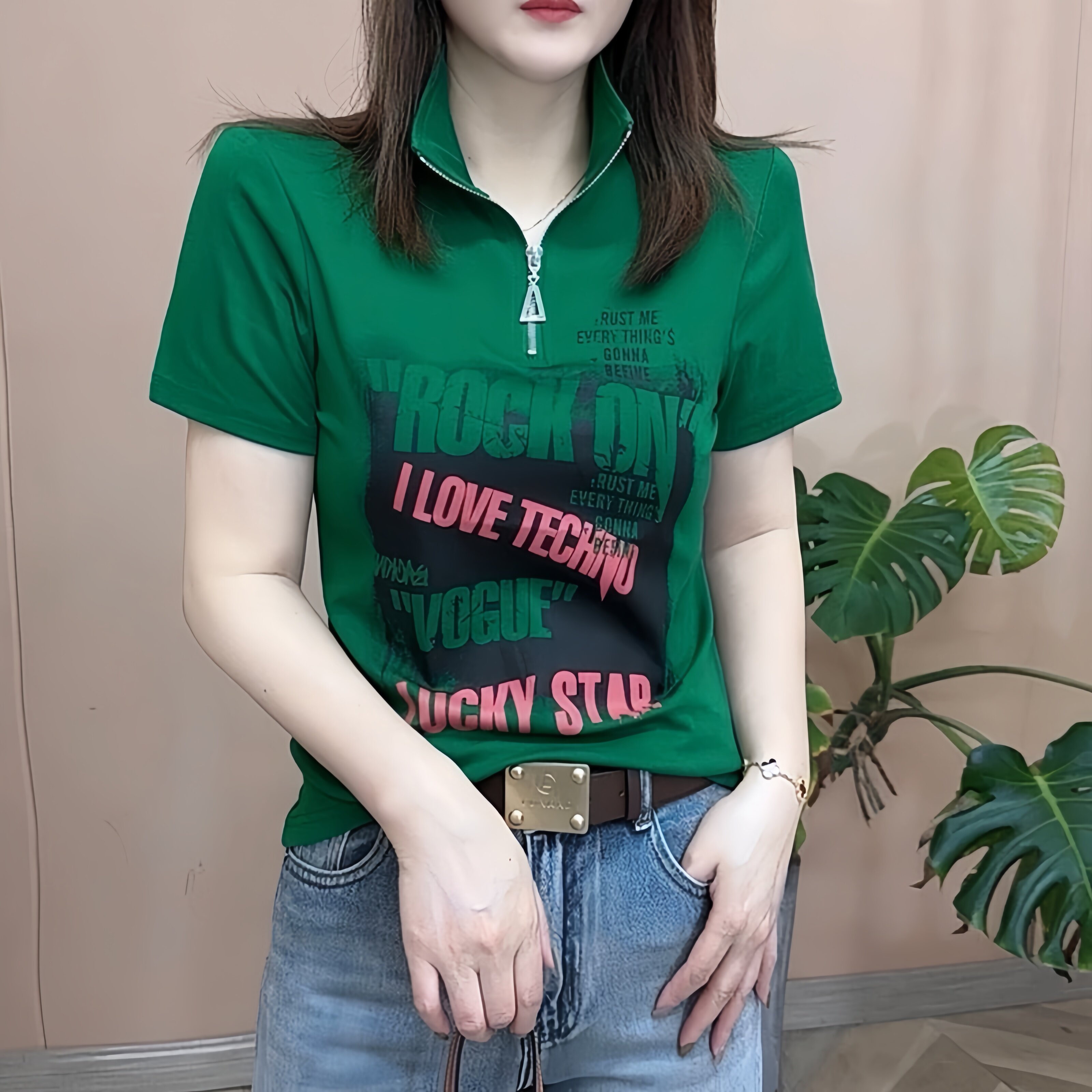 啄木鸟Polo领短袖t恤女夏季2024年新款妈妈翻领纯棉体恤修身上衣