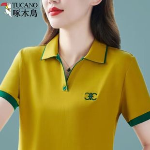 polo衫 啄木鸟短袖 妈妈夏装 t恤夏季 纯棉带领上衣宽松体恤印花女装