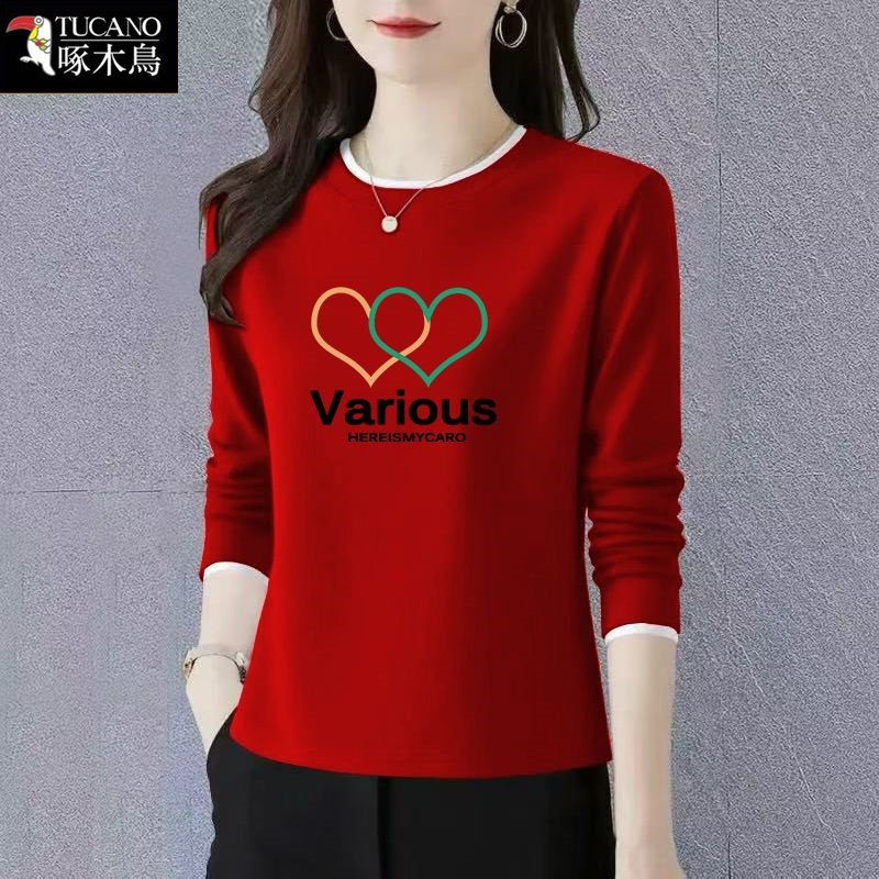 啄木鸟2026年新款印花圆领上衣春季纯棉长袖t恤大码显瘦中年女装