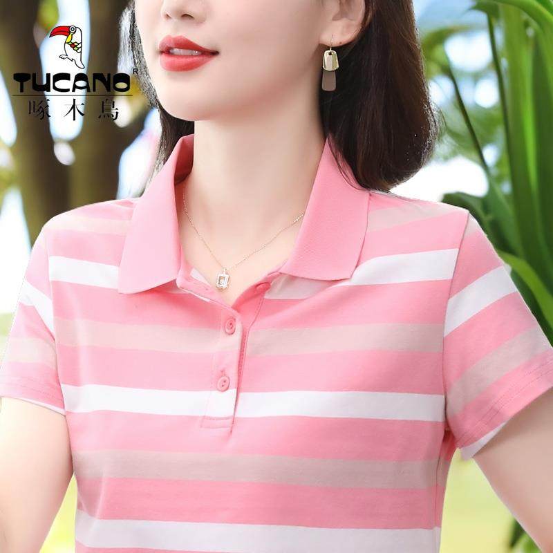 啄木鸟纯棉条纹短袖t恤女翻领中年妈妈休闲显瘦减龄大码运动上衣