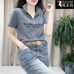 啄木鸟爆款洋气减龄翻领t恤女2025年新款夏季印花短袖运动上衣潮