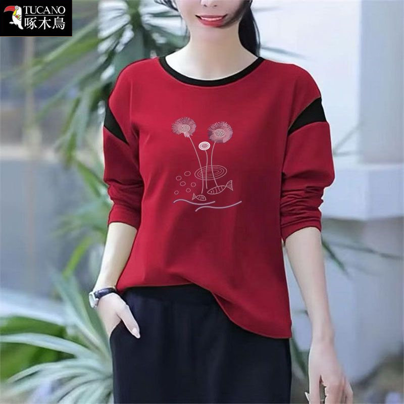 啄木鸟春秋纯棉长袖T恤女简约印花2026年新款圆领显瘦遮肚子上衣
