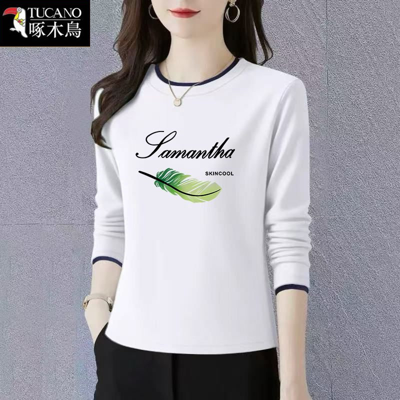 啄木鸟春季长袖日常通勤T恤女2026年新款圆领显瘦印花上衣打底衫