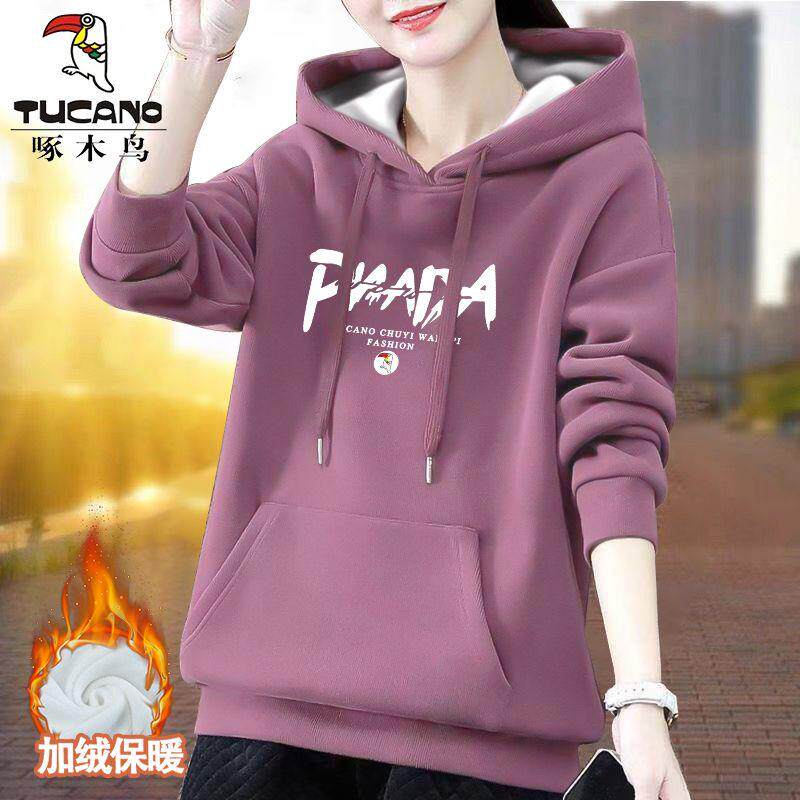 啄木鸟加绒加厚休闲卫衣2024新款秋冬装中年妈妈洋气时尚减龄上衣