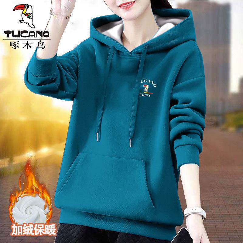 啄木鸟加绒加厚卫衣女秋冬装2024新款韩版宽松连帽套头衫女士上衣