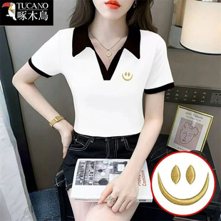 啄木鸟正品薄款刺绣上衣夏季2025年新款潮流翻领短袖t恤女百搭ins