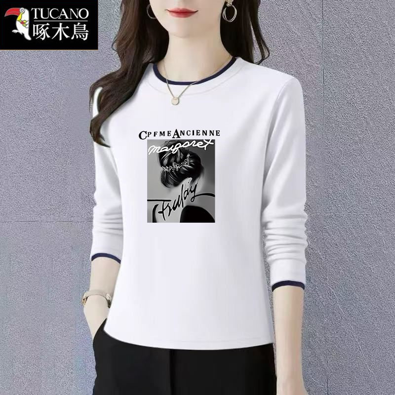 啄木鸟春季纯棉长袖T恤宽松显瘦女装2026年新款洋气印花百搭上衣