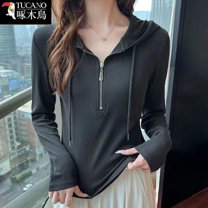 啄木鸟正品2025年新款运动纯色连帽卫衣春秋女款韩版长袖T恤上衣