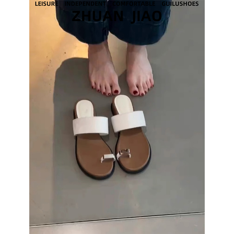 羊皮版~新款法式复古外穿厚底凉拖鞋金属扣套趾简约软底一字拖鞋
